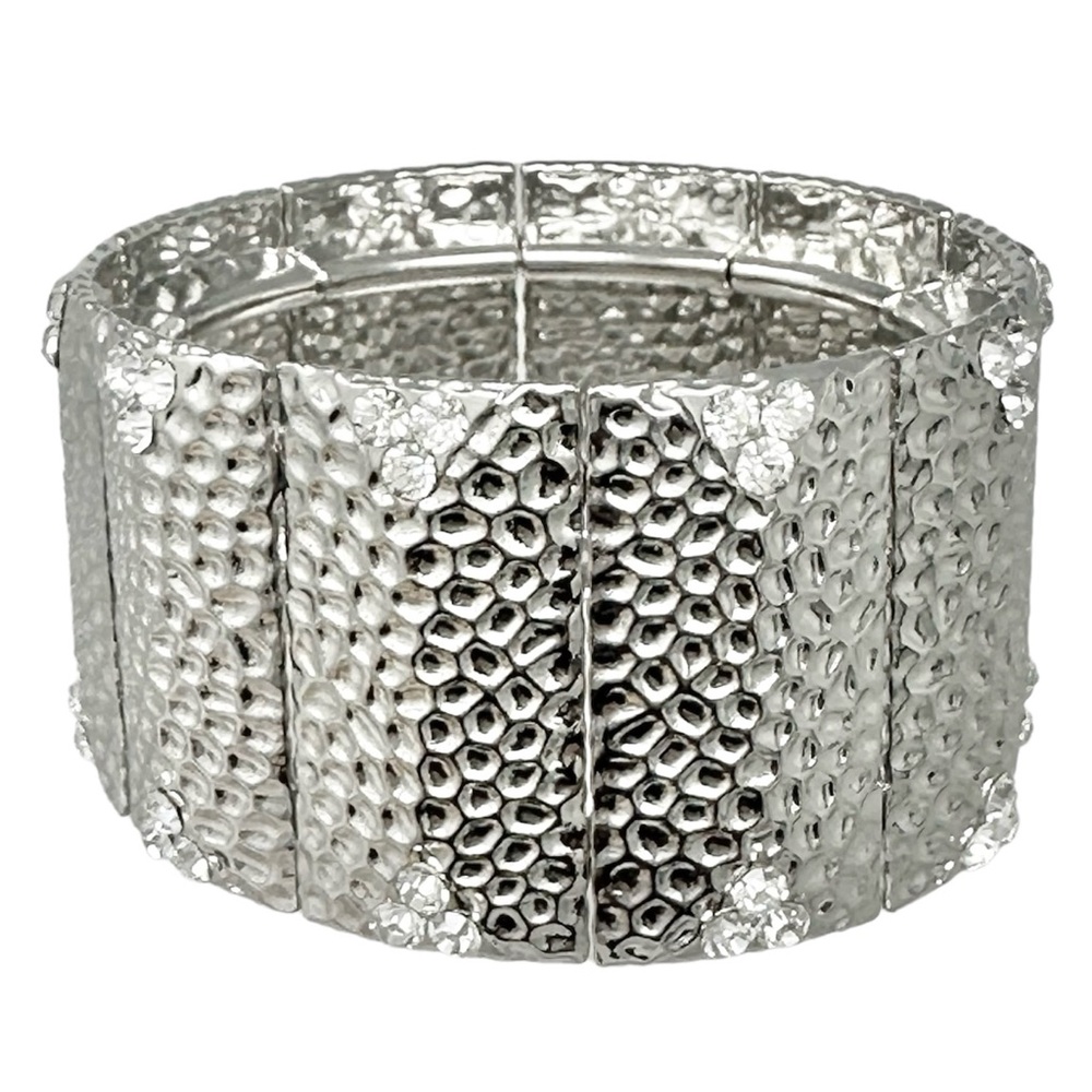 Dimple Dot Silver Tone Rhinestone Wide Statement Stretch Bracelet